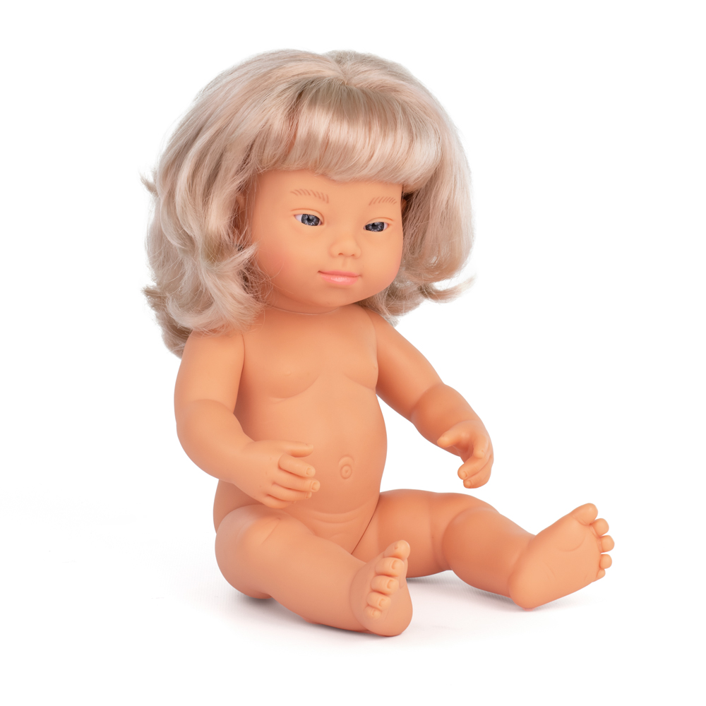 Down-szindrómás baba - lány, hajas, fürdethető, 38 cm 10 hó+